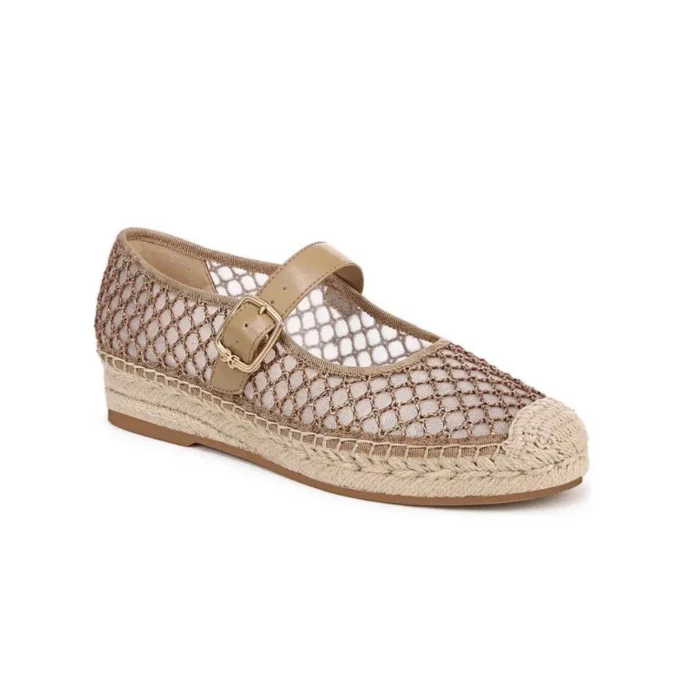 Sam Edelman mackie mesh Gold Mesh Mary Jane Espadrille Flats Leather Strap 6.5